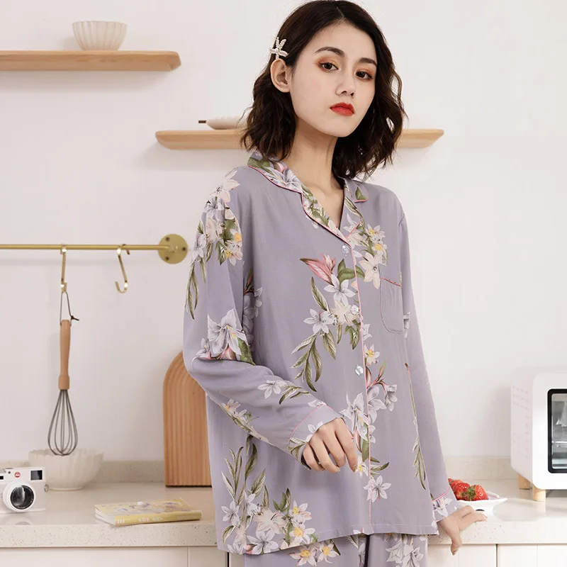 

Viscose Sleepwear 2PCS Women PJS Set Print Flower Pajamas Lounge Wear Casual Shirt&Pants Soft Home Clothes Nightwear 2021 New