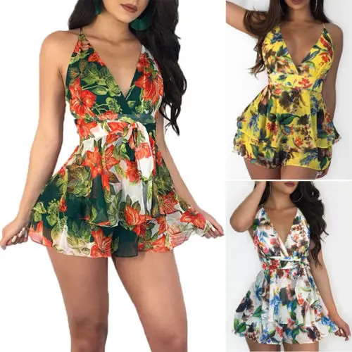 

New Arrival Women Girls Fashion Floral Backless Holiday Mini Shorts Jumpsuit Summer Beach Rompers Dress