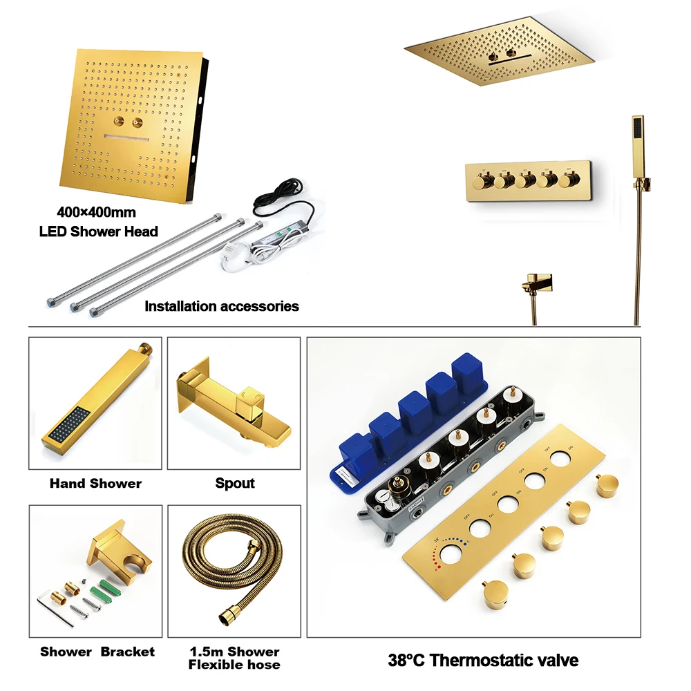 

Luxury Gold Shower Systems 16 Inch Spa Rain Shower Head Bathroom Faucets LED Shower Set Thermostatic Valve Bath Mixer Brass Taps