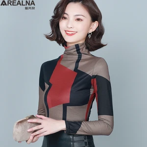 Женская винтажная блузка с цветочным принтом, зеленая сетчатая блузка с высоким воротником, облегающая леопардовая рубашка, весна 2021