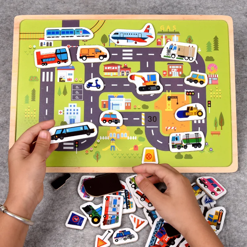 

Children Baby Early Educational Learning Toys Jigsaw Puzzles for Kids Wooden Magnetic Puzzle Animal and Traffic Vehicle Game