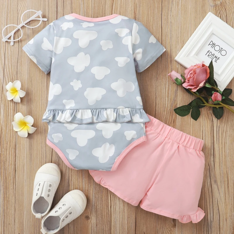 

2021Summer Baby Girl European and American round neck Adorable Short Sleeve Print Romper Tops Shorts Outfits Clothes