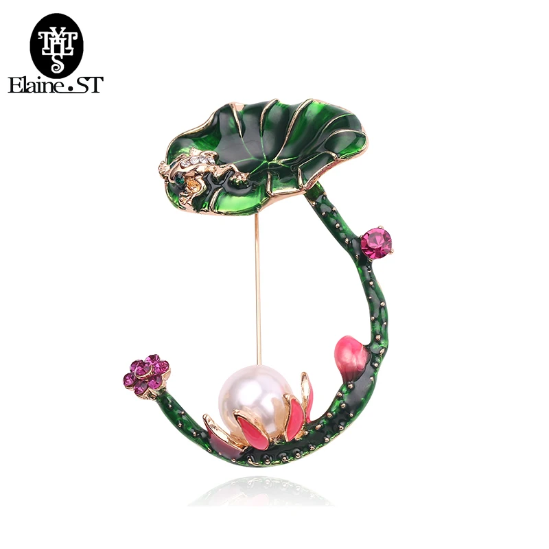 Новый Стиль эмалью в виде листка лотоса лягушка цветы зеленые Броши со стразами и