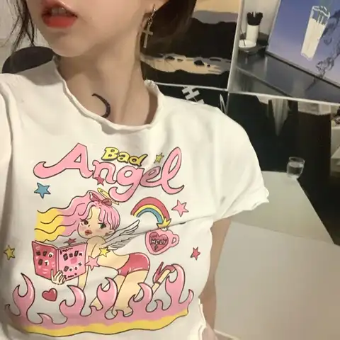 Летние сексуальные женские футболки оверсайз аниме y2k топ кроп Топ harajuku Kawaii винтажный графический стиль Женская Эстетическая одежда в Коре...