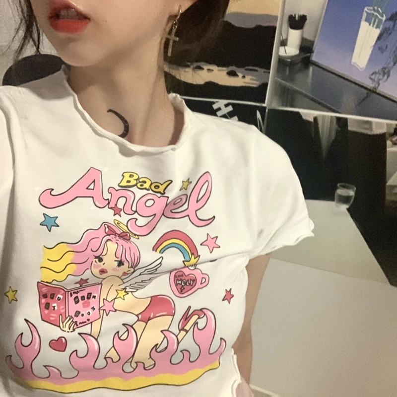 Летние сексуальные женские футболки оверсайз аниме y2k топ кроп Топ harajuku Kawaii