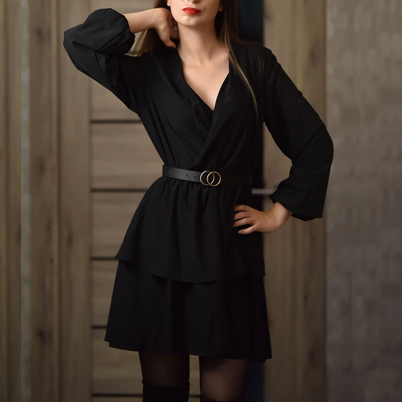 

Повседневное платье-мини с рукавами-фонариками и оборками, соблазнительные однотонные женские платья с V-образным вырезом и эластичным поя...