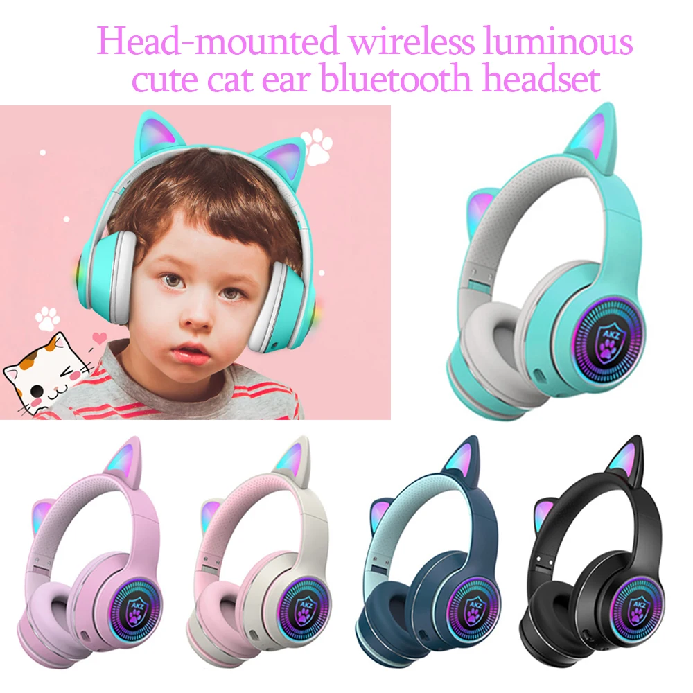 Online AKZ-K27 Bluetooth 5.0 Kulaklık Kedi Kulak şekli Katlanabilir Kablosuz çocuk Kulaklıklar LED RGB Işık Oyun Subwoofer Kafa Kulaklık