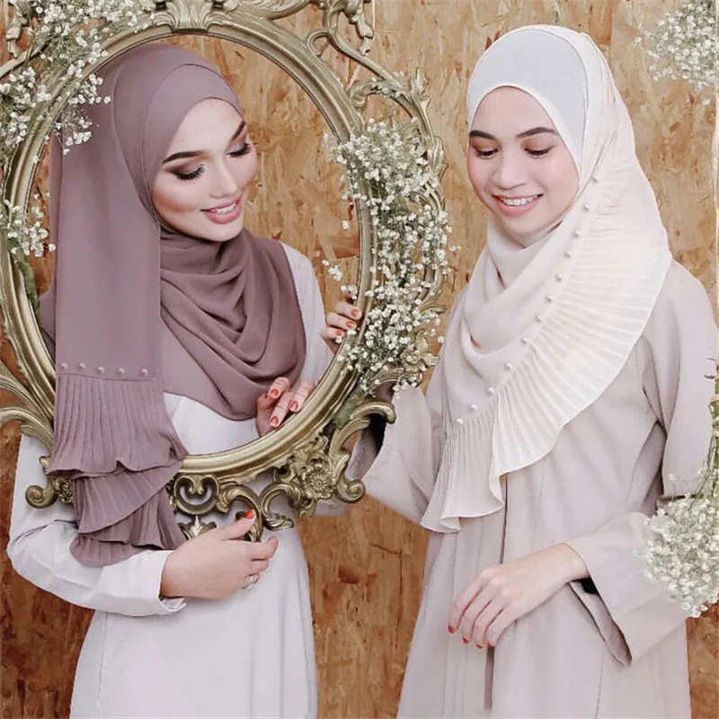

72*185cm trendy chiffon pearls scarf for women muslim crinkle hijab femme musulman headscarf islamic foulard shawls head scarves