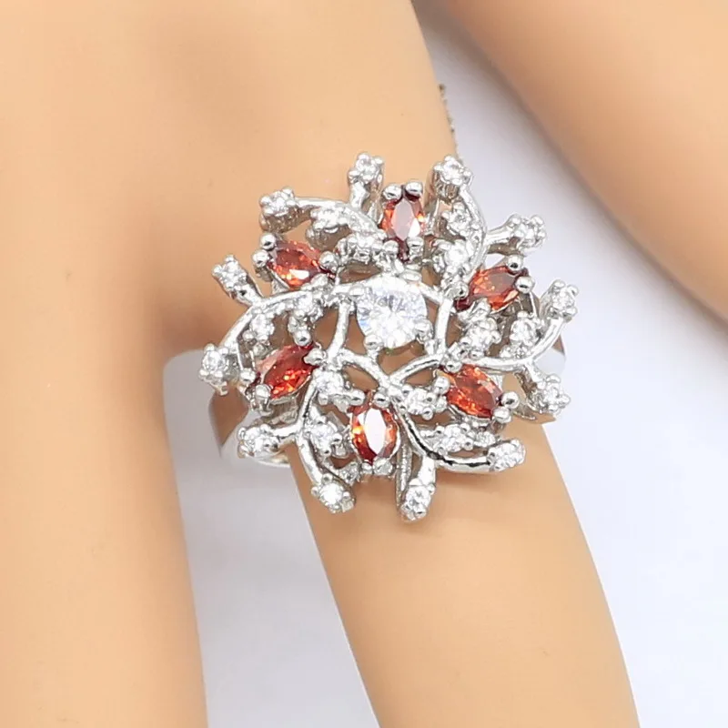 Серебряный набор украшений для женщин в форме цветка свадебный браслет с красным