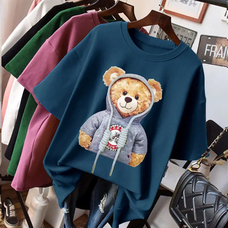 

Pure cotton T-shirt female 2021 summer student short-sleeved printed bear female top loose Korean version of bottoming shirt