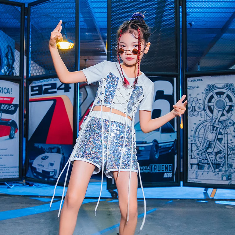 

Girls Jazz Dance Stage Performance Costumes Kids Summer Fashion Catwalk Show Sequin Suit Hip-Hop Street Dancing Suit DQL5672