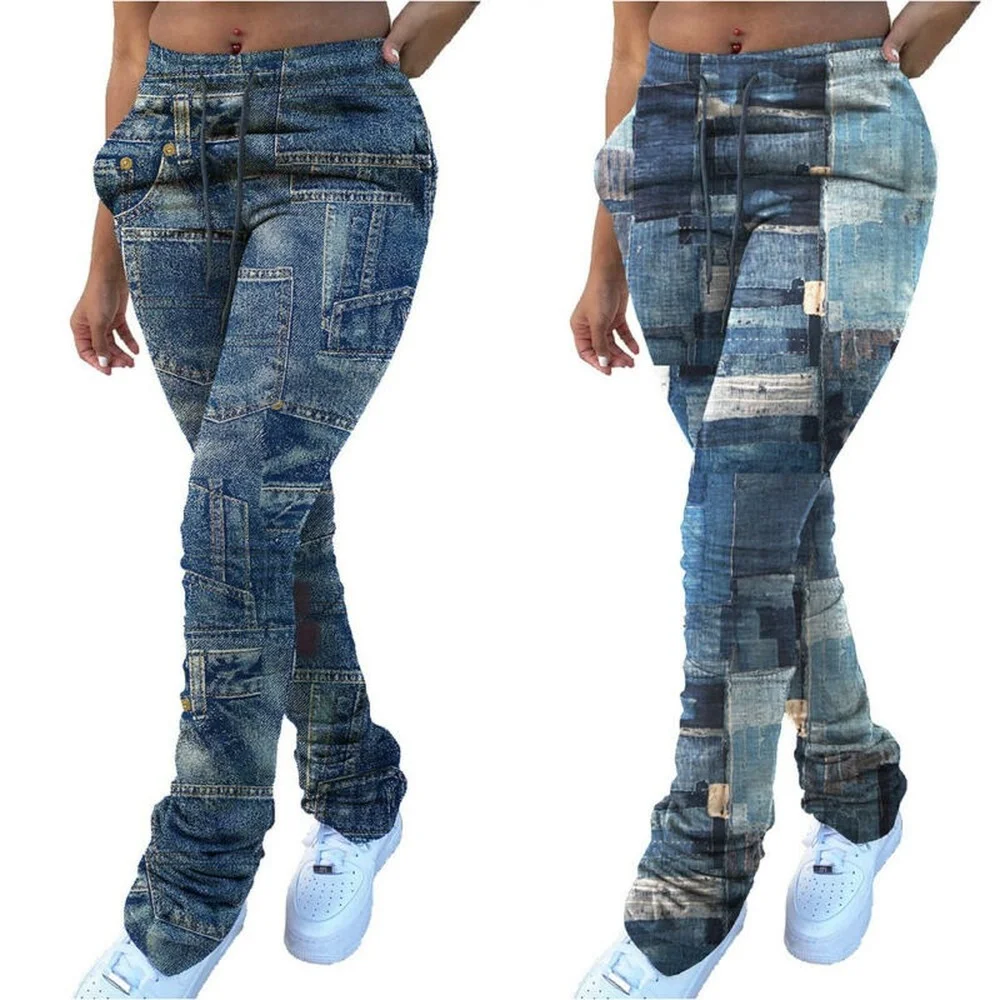 

Women Pockets Jeans High Waist Retro Plaid Pants Stretch Slim Casual Denim Trouser Cargo Pants Women Patchwork Jeans