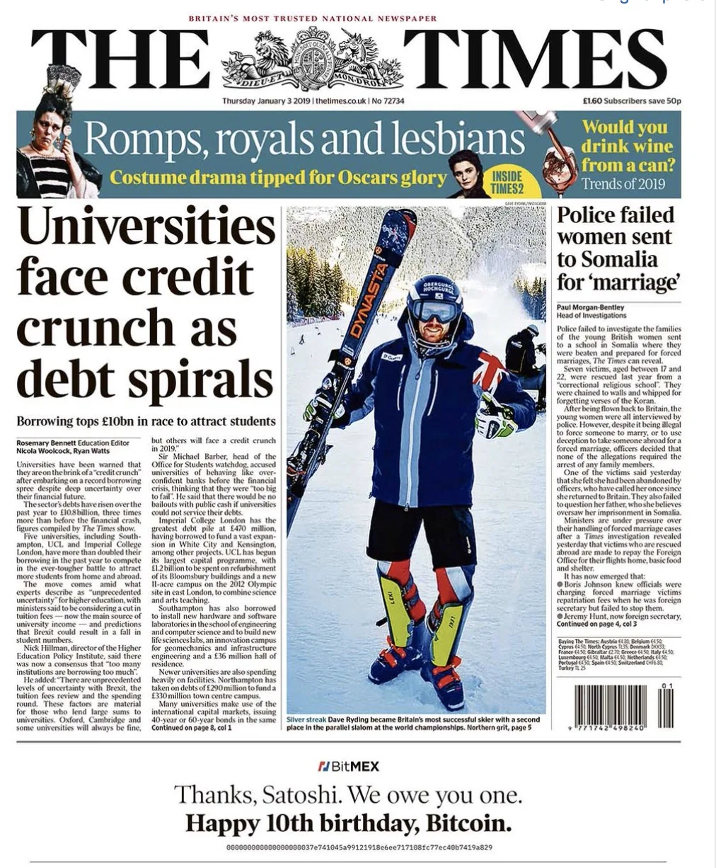 The Times 03/январь/2009 канцлер Bailout криптовалюты винтажный декоративный постер Холст