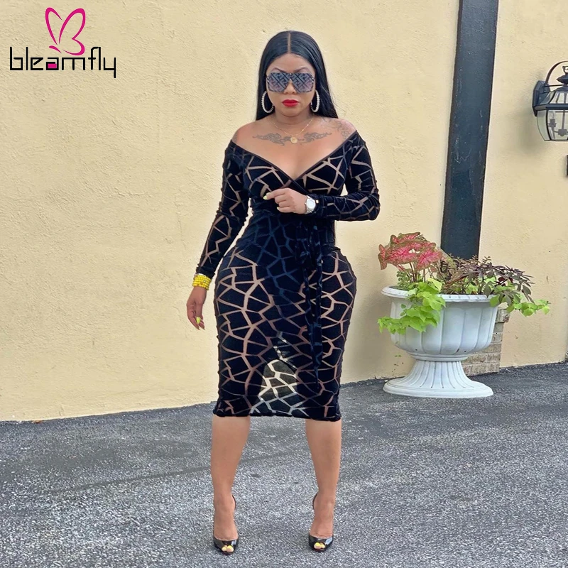 2019 осеннее Женское зимнее платье миди с v образным вырезом длинным рукавом и