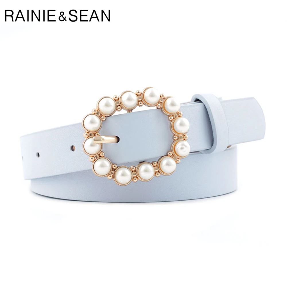 

RAINIE SEAN Pearl Women Belt Pu Leather Fashion Woman Belt for Jeans Purple Ladies Pin Buckle Straps Girls Fashion Accessories