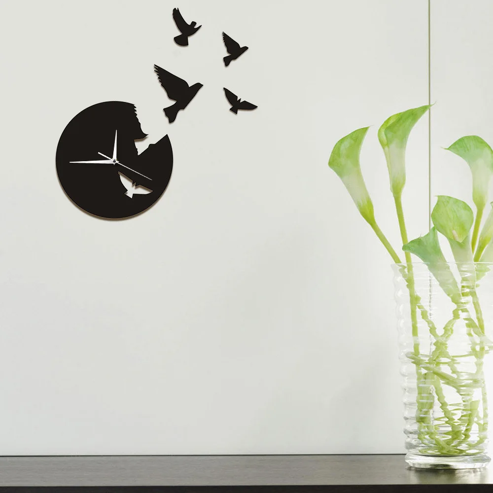 Современные большие настенные часы 3d зеркало Стикеры птица Гостиная декорация
