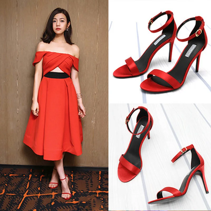 

2021 Women High Heel soft silks Silver black red Sandals Buckle Strap Rome Shoes Stilettos peep-toe Wedding Bridesmaid Pump