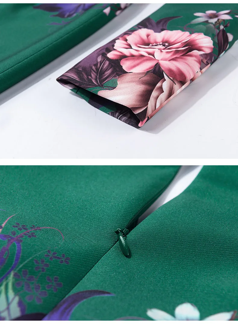 

2021 Spring Casual Long Sleeve V Neck A Line Floral Print Green Dress
