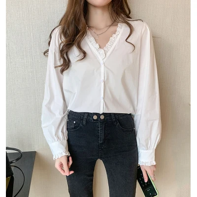 

2020 Autumn Japan Style White Full Sleeves Tops For Women Lace Vintage Puff Sleeve Blouses For Ladies Cute Shirts