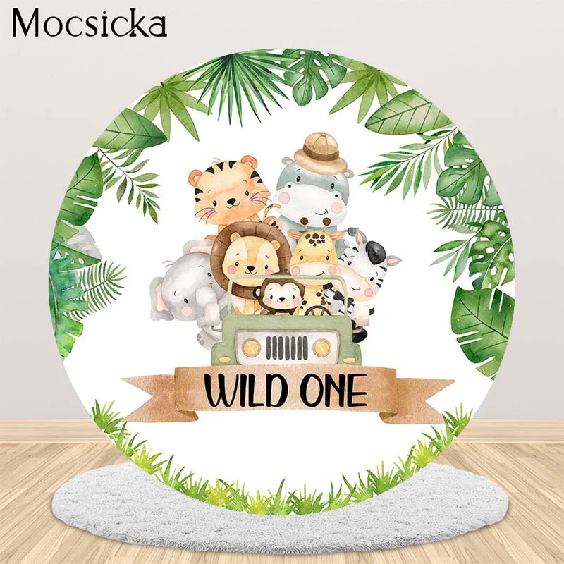 

Wild One 1st Birthday Party Photography Backdrop Jungle Zoo Animals Car Baby Photo Background Round Circle Cover Photo Studio