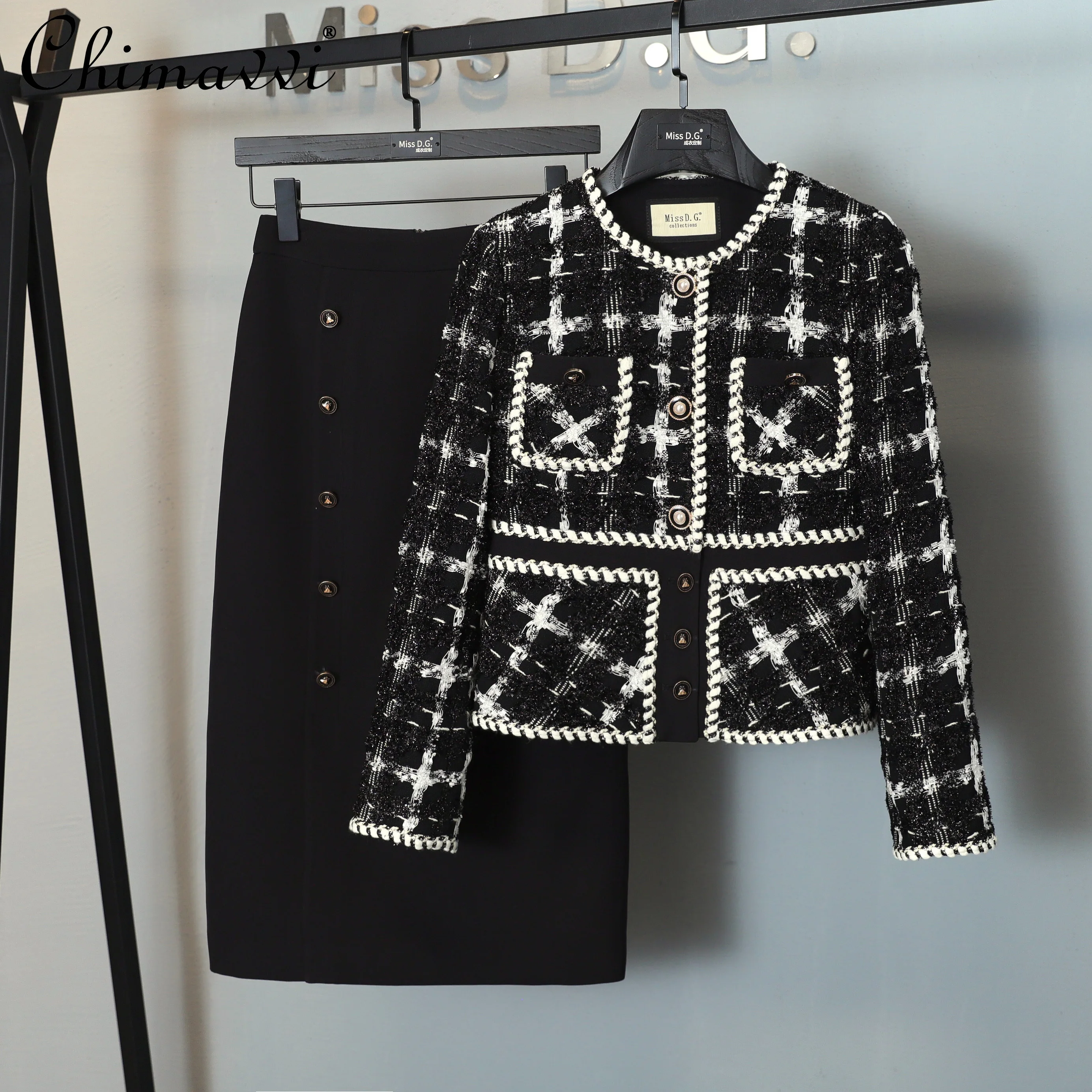 

2021 New Autumn Ladies Office Lady Two-Piece Sets Women's Fashion Simple Elegant Short Tweed Coat Western Style Mid-calf Skirt