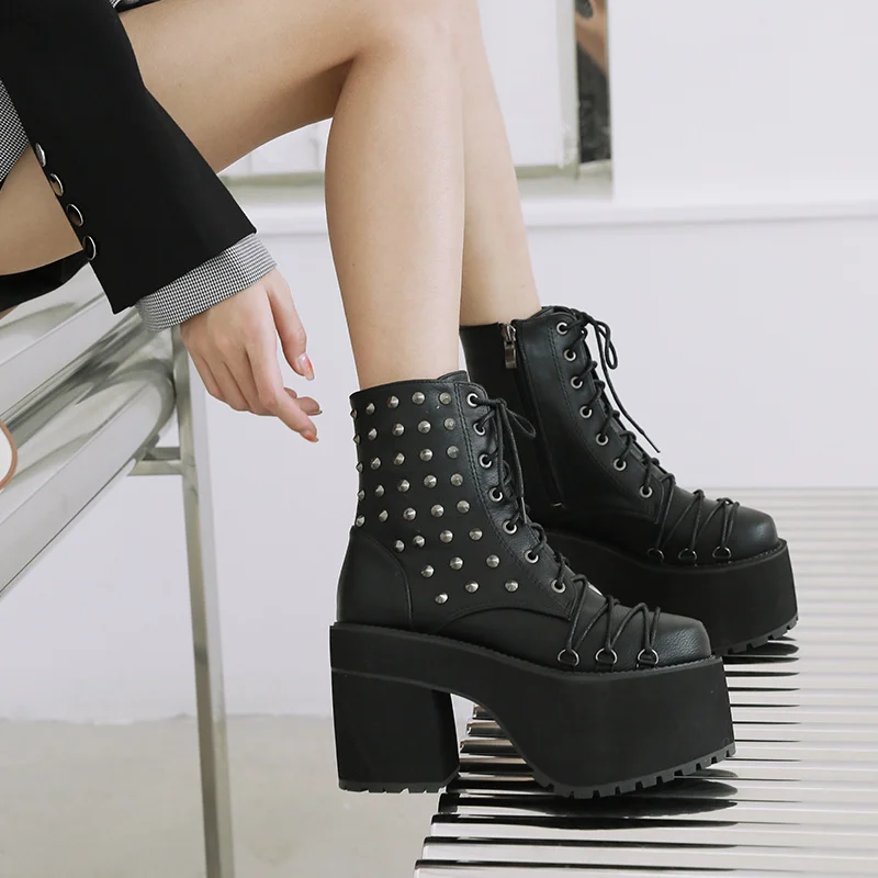 

Female Lace Up Platforms Leather Oxford Shoes Woman High Heels Boots Women Motorcycle Shoes Platforms Ankle Boots Wedges