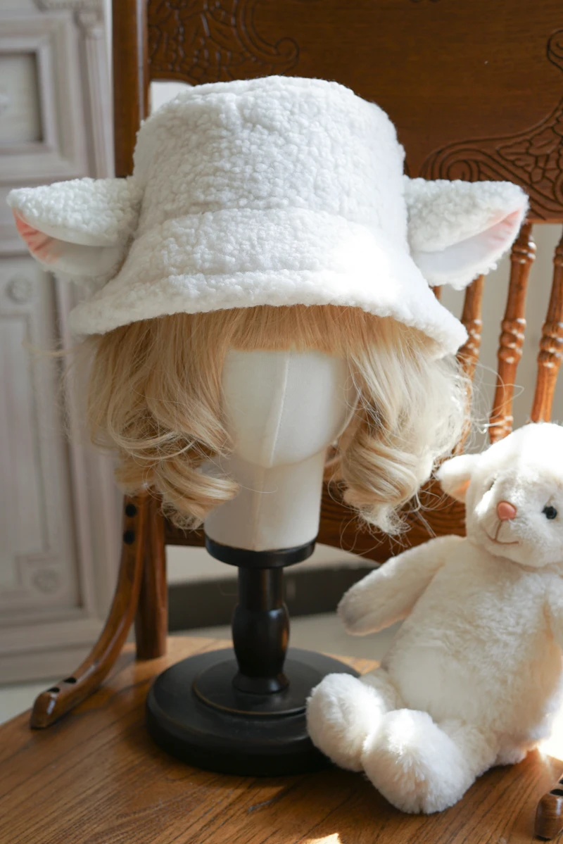 Handmade Sheep Baa Bucket Hat Lolita Sheep Cap with Ears Cute Girl Lambswool Material Black White Sheep Ear Hat Holiday Gift images - 6