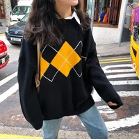 korean college style autumn winter geometric pattern argyle pullovers loose oversized o neck knitted sweaters woman jumper