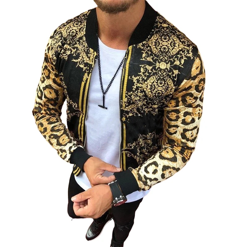 Куртка мужская облегающая на молнии с леопардовым принтом весна-осень 2022 |