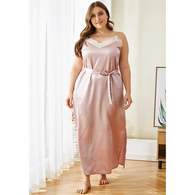 DOIB пижамы большого размера для женщин розовый искусственный шелк кружева
