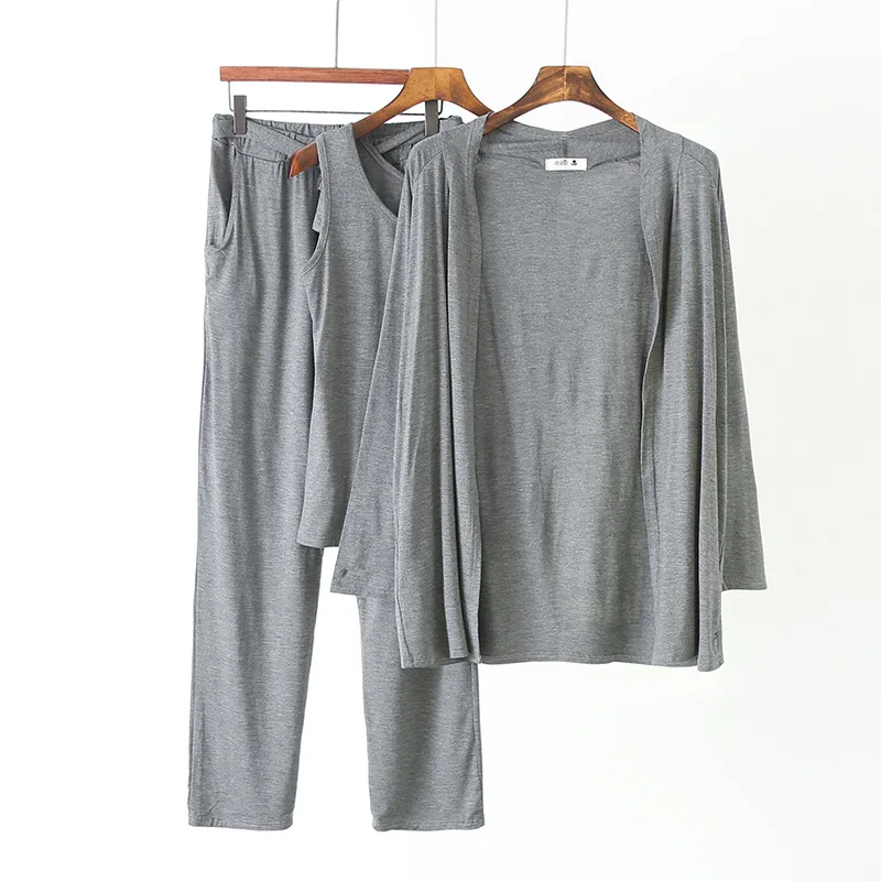 

Summer Korean-style Pajamas Modal Cotton Vest Cardigan Loose Pants Women's Long-Sleeve Loose-Fit Homewear Set Three-piece Set