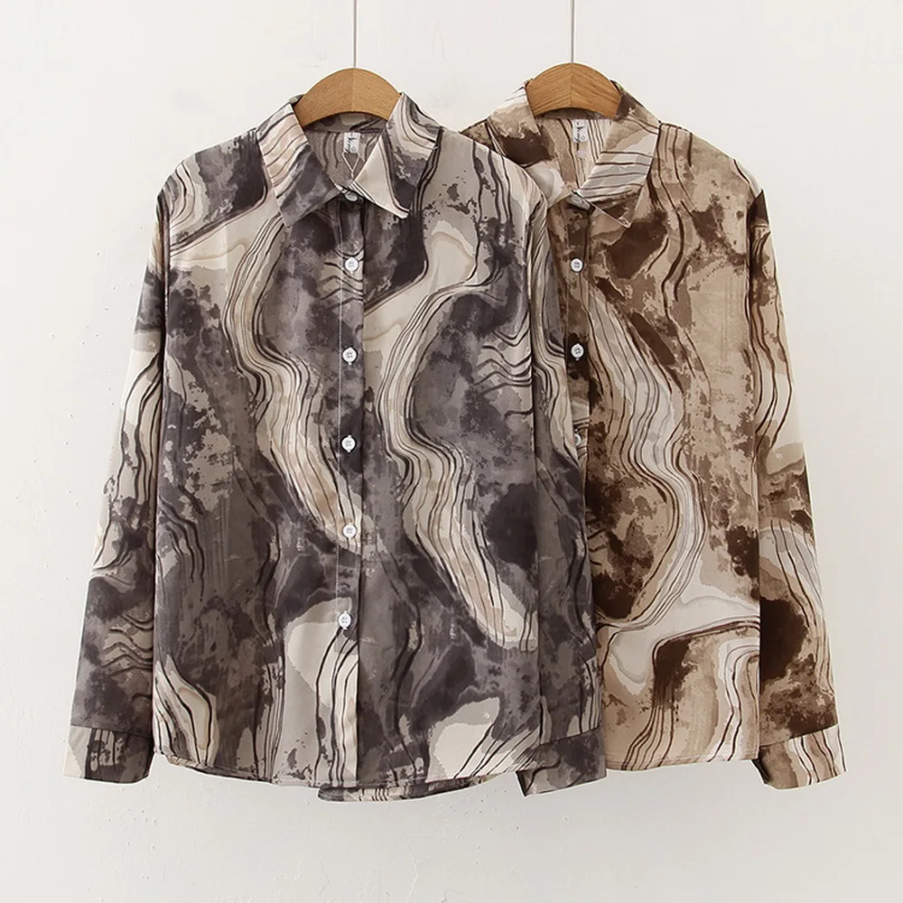 

2021 Spring Autumn Retro Ink Printing Lapel Single-breasted Long Sleeve Loose Shirt Women blusas elegantes chemise tops mujer