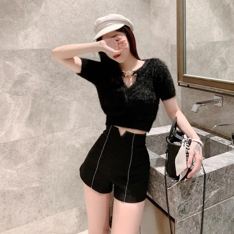 Мини шорты женские Стрейчевые с завышенной талией узкие шикарные облегающие