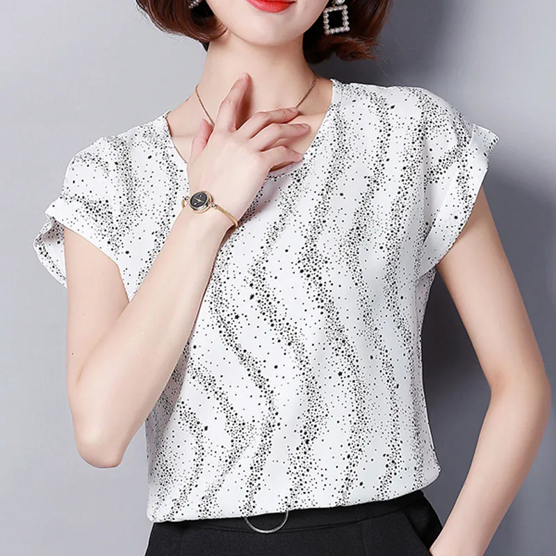 

Summer Women Tops and Blouses 2021 New Short Sleeve White Chiffon Blouse Femme Print Plus Size Shirt Women Clothes Blusas D572