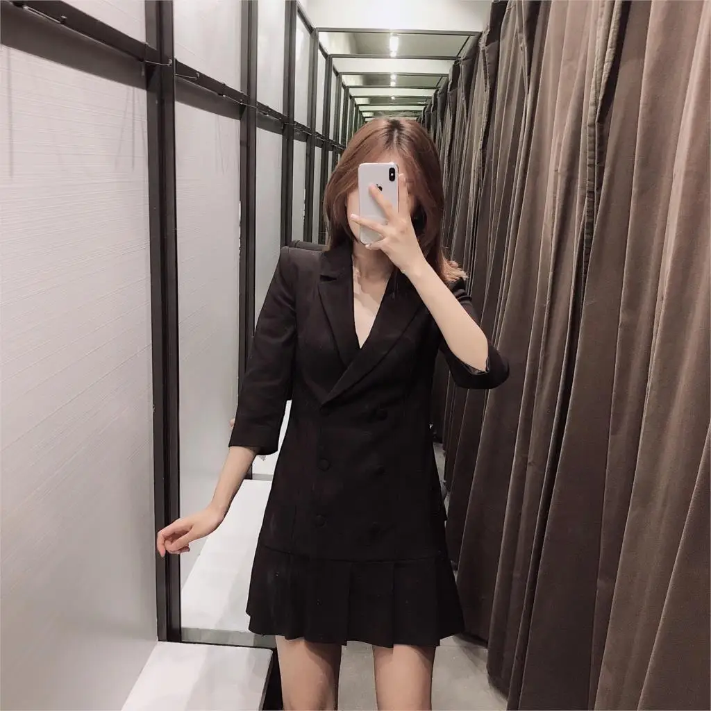 Новинка осени 2019 женское платье с воланами и Пятым рукавом двубортное воротником