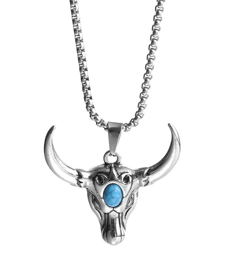 

Antique Titanium Steel Chain Bull Head Pendant Accessories Punk Retro Jewelry Turquoise Head Necklace