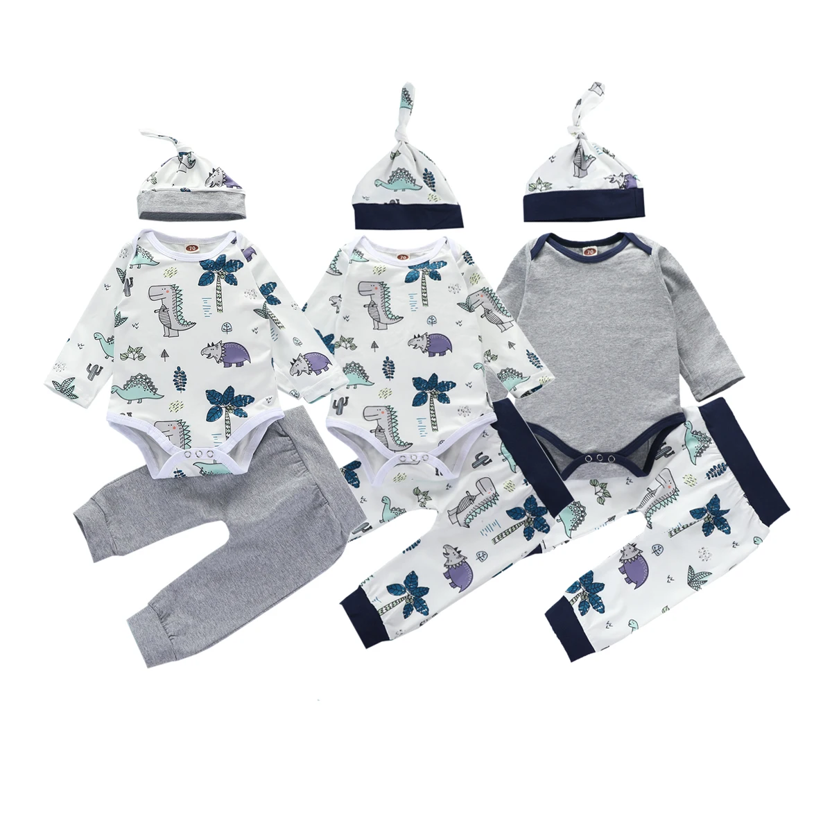 

3Pcs Toddler Autumn Spring Suit Round-Collar Long-Sleeves Rompers Top Casual Pants Hat Cartoon Dinosaur Outfit for Baby Boy Girl