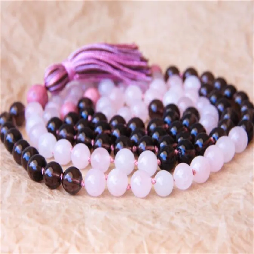 

8mm Rose Quartz citrine Gemstone 108 Beads Tassel Mala Necklace elegant Sutra fengshui cuff spirituality Meditation Bless Wrist