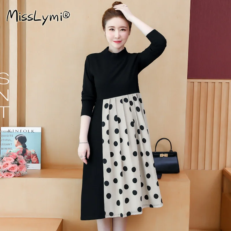 M 4XL размера плюс женское корейское платье в горошек осень 2020 вязанное хлопковое