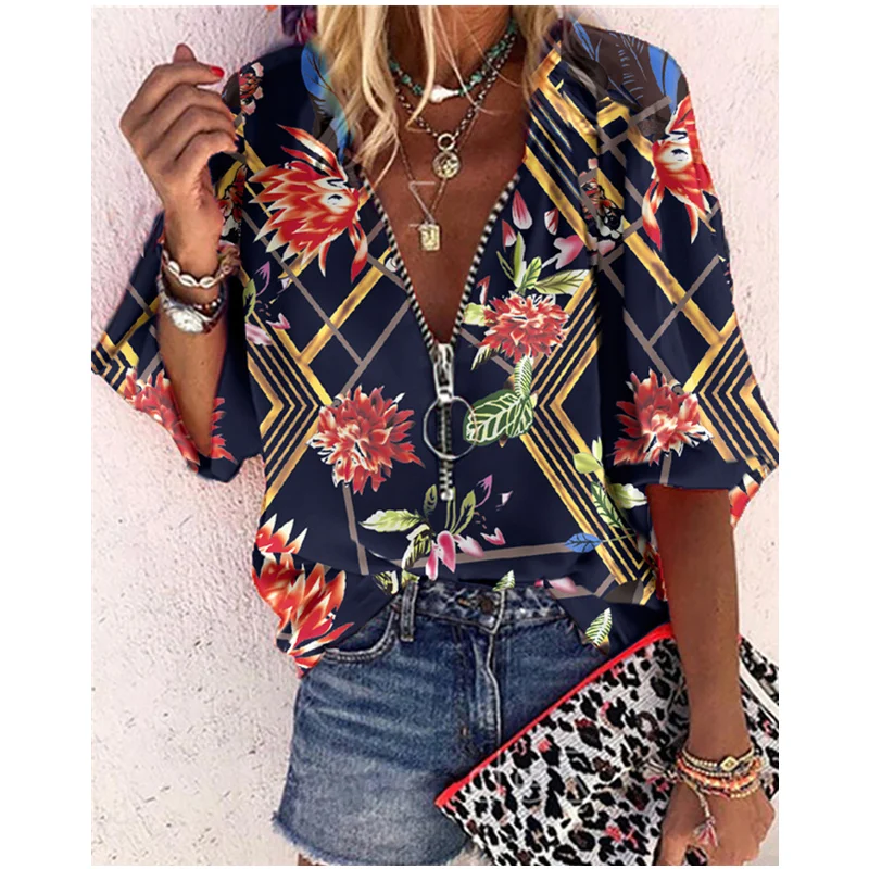 

Mandylandy Women's Elegant Floral Print Zipper Blouse Shirt Ladies Casual Fashion Half Sleeve V Neck Loose T-shirt Top