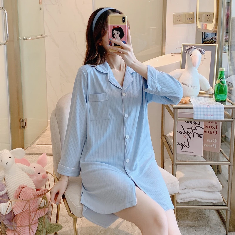 

Color sleepwear 2020 fashion shirt pit striped cotton cardigan night dress elegant home wear sexy Sleep dress pijamas women new