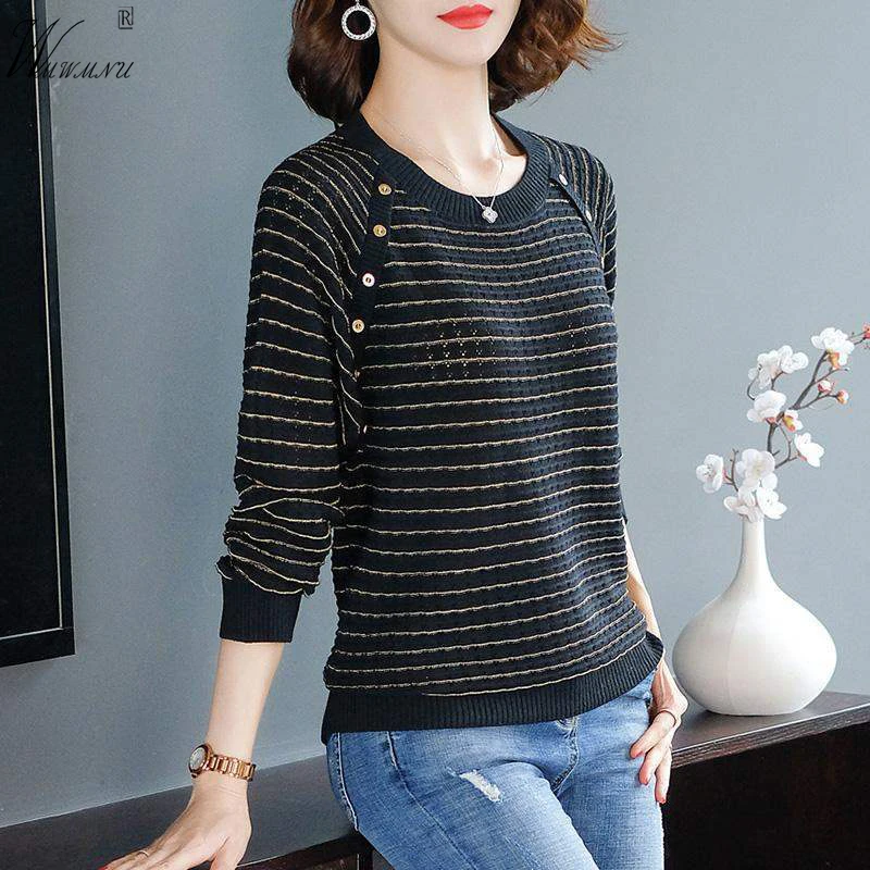 

Women Loose Stripes Thin Sweaters Female Plus Size Long Sleeve Tops Spring Button Patchwork Hollow Out O-Neck Knitted Pullovers