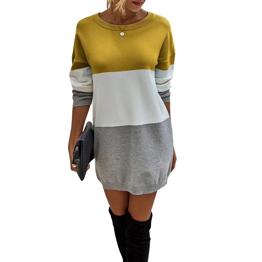 Платье Свитер женское трикотажное с длинным рукавом и круглым вырезом|Женские