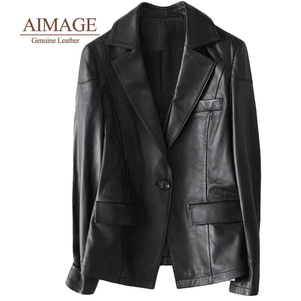 

spring women skin genuine leather coats one button female chic jacket pockets luxury real leather turn collar overcoats PY009