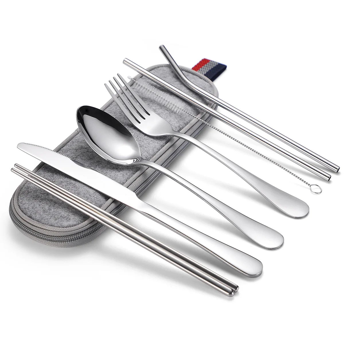 

8pcs Stainless Steel Travel Tableware Set Knife Fork Spoon Chopsticks Straw Portable Flatware Cutlery With Zipper Bag Dinnerware