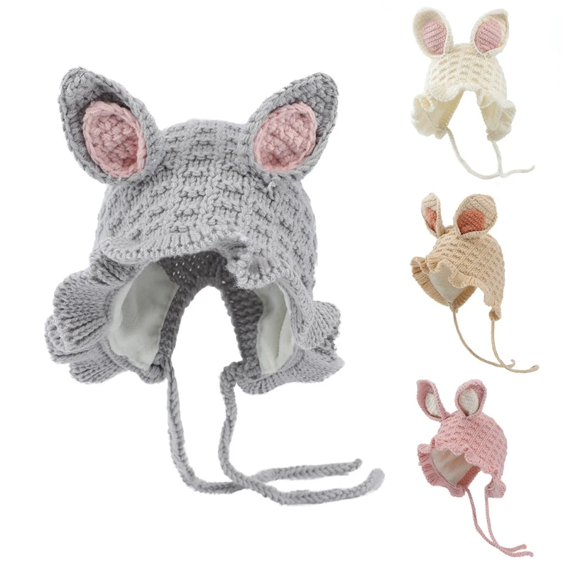 

896E Cute Big Rabbit Ears Plus Velvet Cute Knitted Hat Sweet Knitted Cap Wild Personality Outdoor Trend for Children Boy Girl