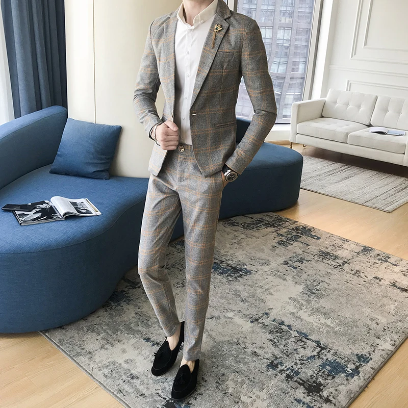 Костюм из двух частей (Блейзер + брюки) Осенняя Новая мужская мода с одной пряжкой