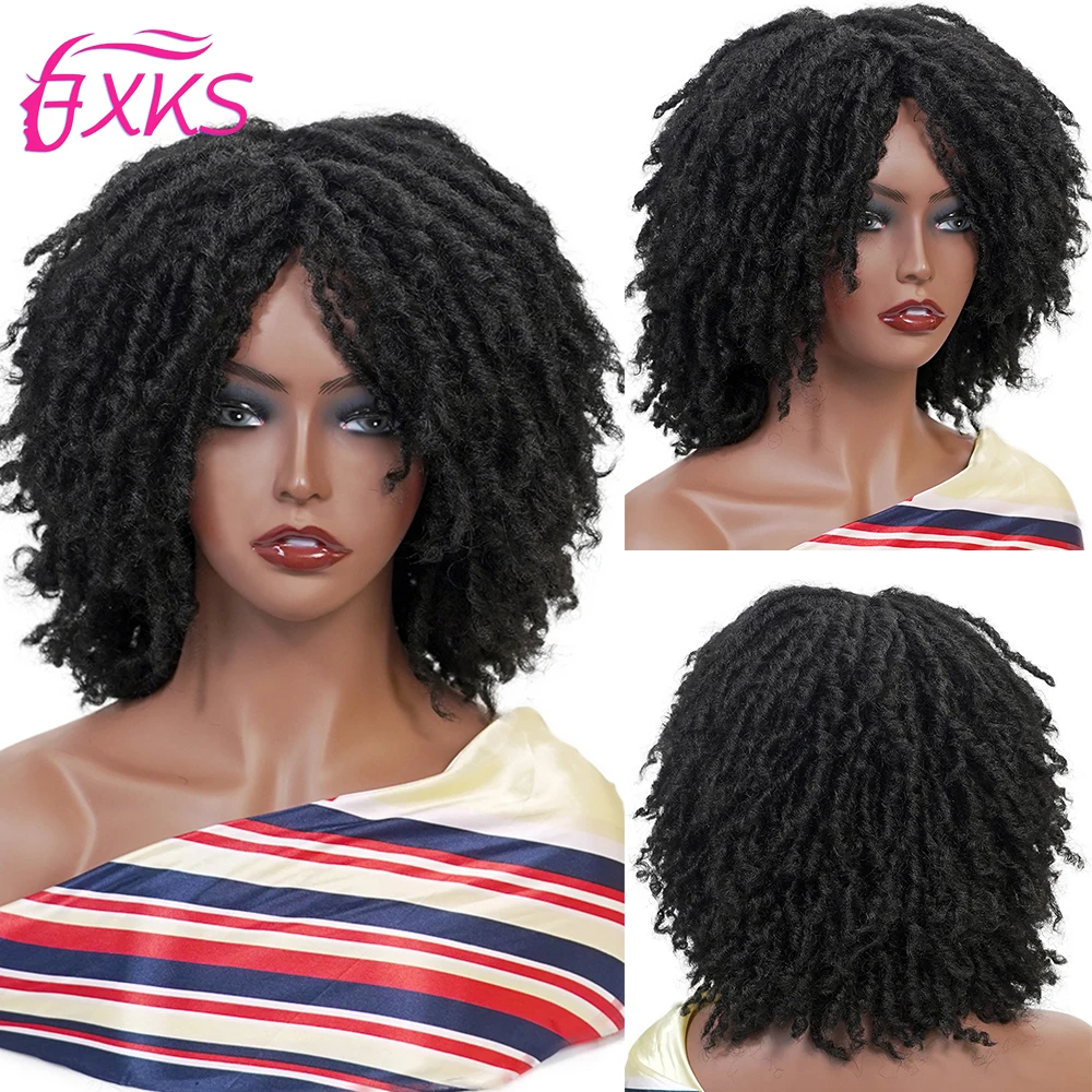 

Dreadlock Braided Twist Short Curly Wigs Black Brown Color Synthetic Hair Faux Locs Wigs Afro Curly Synthetic Wig 6Inches FXKS