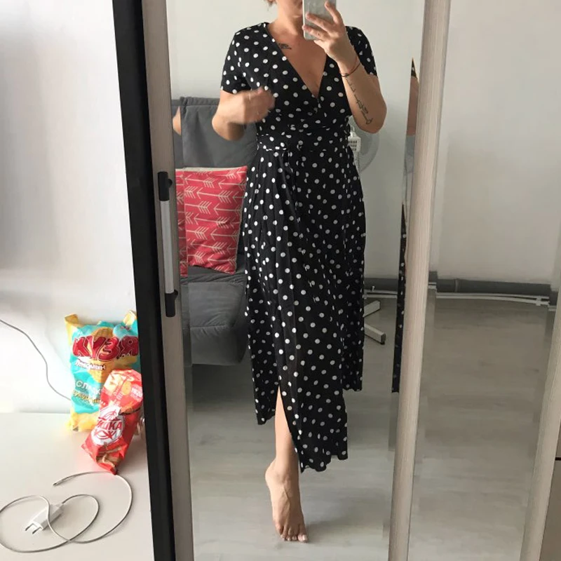 Женское длинное пляжное платье в горошек с v-образным вырезом и эластичной