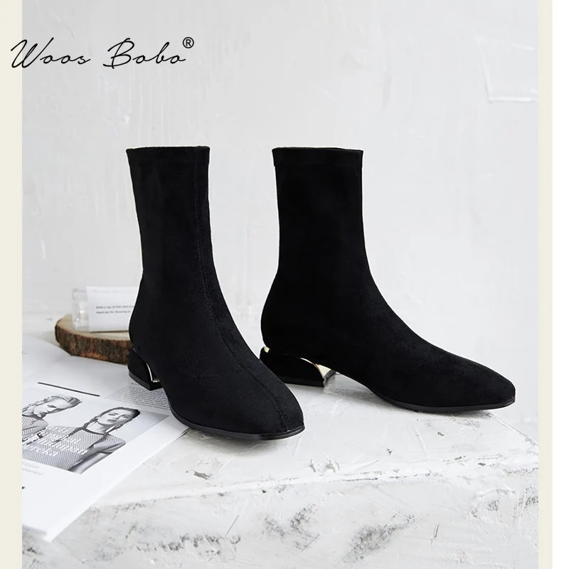 Замшевые эластичные носки женские ботинки ботильоны с квадратным носком для